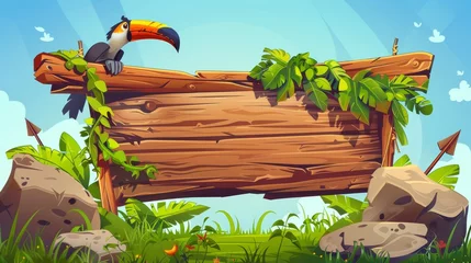 Foto op Canvas Sign board with jungle toucan and stones, green grass, liana vines, cartoon tropical forest wood frames and banners, blank game signboards, and arrow with plants. © Mark