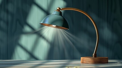   A desk lamp on a wooden table in a room Blue wall background Window admits incoming light - obrazy, fototapety, plakaty