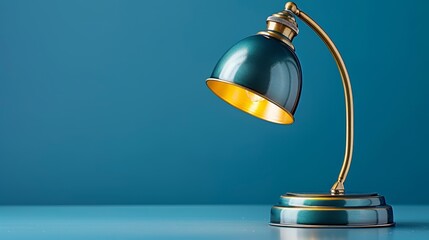   A green-and-gold desk lamp rests on a blue surface, casting a reflection of its light from above