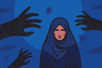 A frustrated young Muslim woman and silhouettes of black hands around her. The concept of abuse, violence.