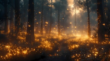 A tranquil forest glade bathed in soft moonlight, with fireflies dancing among the trees and a sense of magic lingering in the air - obrazy, fototapety, plakaty