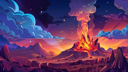 A volcanic eruption is depicted on a rocky night landscape with clouds of steam rising from a mountain crater with cracked desert background, prehistoric nature, and alien planets in the background.