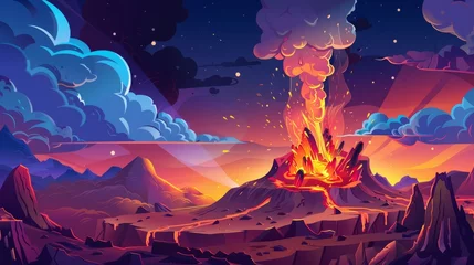 Foto auf Acrylglas Purpur A volcanic eruption is depicted on a rocky night landscape with clouds of steam rising from a mountain crater with cracked desert background, prehistoric nature, and alien planets in the background.