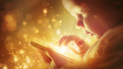 A baby in the womb reaches for a cellphone, surrounded by a gentle, warm light, as the mother's gentle movements create a sense of peace and security 01 - obrazy, fototapety, plakaty