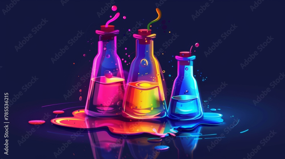 Poster inverted bottles of witch or wizard glow magic elixir. cartoon modern flask with puddle of spilt neo