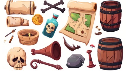 Icon with gold coin, skull, glass rum bottle, barrel, old parchment collection for gaming app user interface. Isolated bomb and hook gaming item. - obrazy, fototapety, plakaty