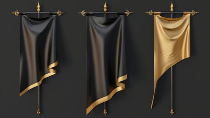 Isolated black and gold heraldic symbol on stand. Modern mockup of a 3D black and gold vertical pennant flag.
