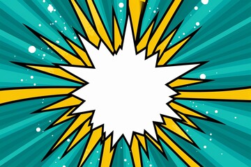 Teal background with a white blank space in the middle depicting a cartoon explosion with yellow rays and stars. The style is comic book
