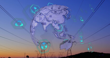 Fototapeta premium Image of multiple digital icons over spinning globe against network towers and sunset sky