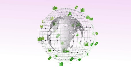 Image of network of digital icons over spinning globe against grey background