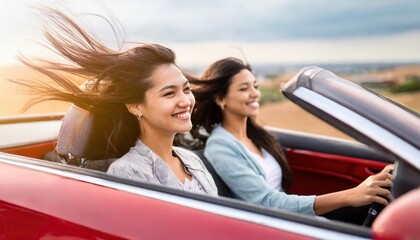Two women enjoying a car ride in red convertible convert with their hands up and wind in the hair, fun drive with friend