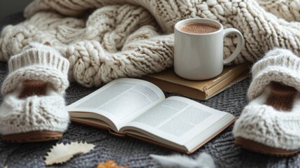 Compose a warm and inviting scene with a knitted blanket  a steaming mug of cocoa  a well-worn book  and a pair of fuzzy slippers - obrazy, fototapety, plakaty