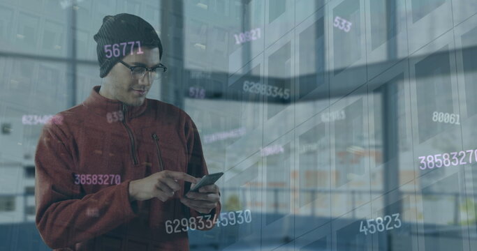 Image of statistics and financial data processing over delivery man and van - Powered by Adobe