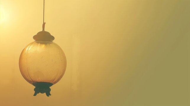   A bird feeder dangles from a wire, framed by a yellow sky Sunlight filters through a window behind it