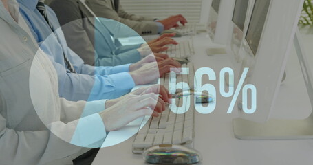 Fototapeta na wymiar Image of increasing percentage over mid section of businesspeople typing on keyboards at office