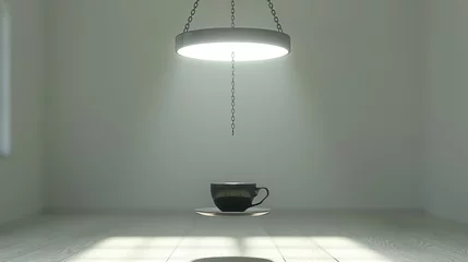 Poster   A coffee cup rests atop a saucer beneath a ceiling-mounted light in a white room © Mikus