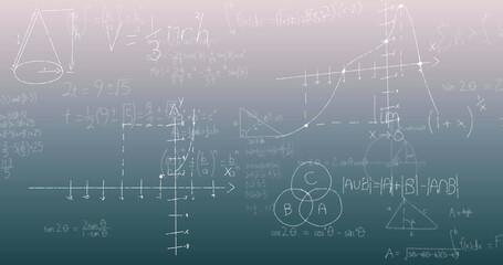 Image of mathematical equations and diagrams floating against green gradient background