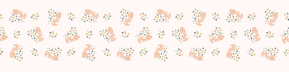 Modern vector border with pretty pressed floral drawing motifs. Decorative botanical ribbon with gender neutral flowers. Natural style for organic banner repeat nature stamp. - 785536644