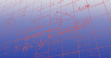 Image of mathematical equations and diagrams floating against blue gradient background