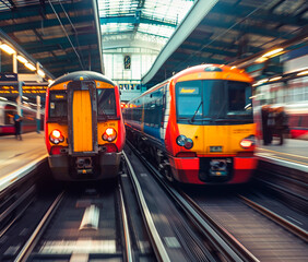 Fototapeta premium Two trains just arriving at the station in motion blur