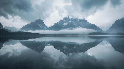 Dramatic snow-covered mountains reflected perfectly in the serene waters of a calm lake.
