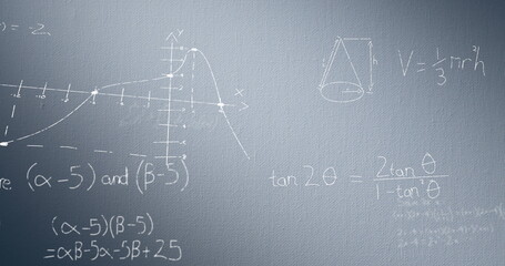 Image of mathematical equations and diagrams against blue background - obrazy, fototapety, plakaty