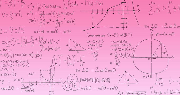 Image of mathematical equations and diagrams floating against pink gradient background