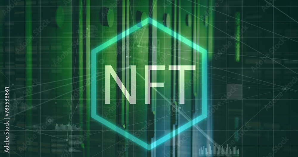 Poster image of nft text in hexagon over connected dots with graph and soundwaves icons on server room