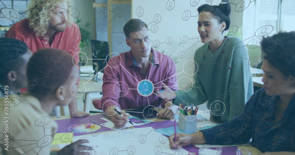 Poster image of network with data processing over diverse business people working in office