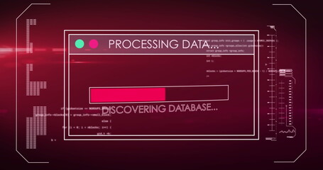 Image of interface with data processing against light spot on red background