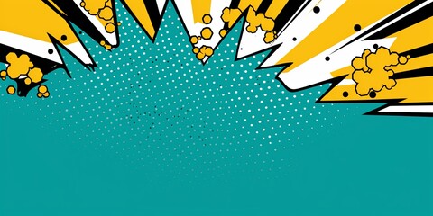 Teal background with a white blank space in the middle depicting a cartoon explosion with yellow rays and stars. The style is comic book