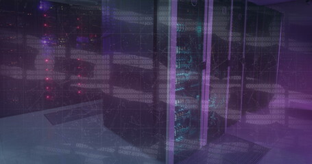 Image of blockchains over illuminated server rack in server room