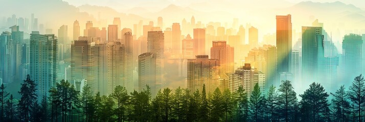 Wide banner of cityscape skyline double exposure with nature green forest