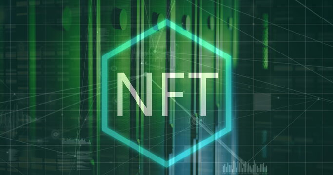 Image of nft text in hexagon over connected dots with graph and soundwaves icons on server room - Powered by Adobe