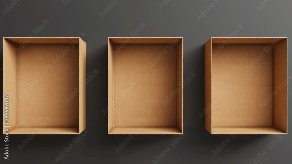Poster an empty delivery box icon, isolated on a brown background. a realistic rendering of a set of paper 