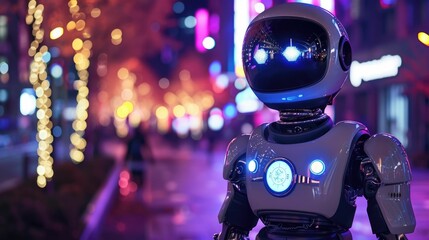 Robotic Police Officer Patrolling Illuminated Urban Environment with Smart Handcuffs and Shining...