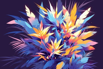 A vibrant vector illustration of tropical plants and flowers, showcasing exotic leaves in bold colors against an isolated black background. 