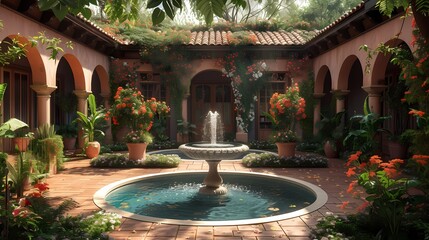 A tranquil garden courtyard with a bubbling fountain at its center, surrounded by blooming flowers and lush greenery