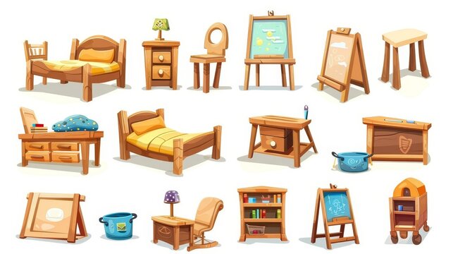 Modern cartoon illustration showing wooden bed, drawers, table, chair, armchair with cushions, bookcase, easel, paints, lamp, waste bin, tablet, bookcase, easel isolated on white background for kids.