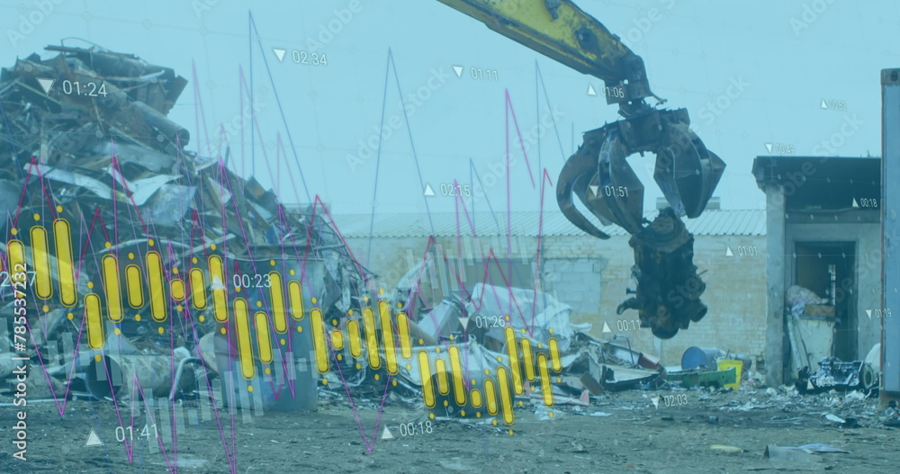 Poster image of data processing over machines segregating waste at rubbish dump