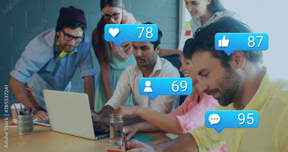 Poster image of message icons with changing numbers over diverse coworkers discussing report on laptop