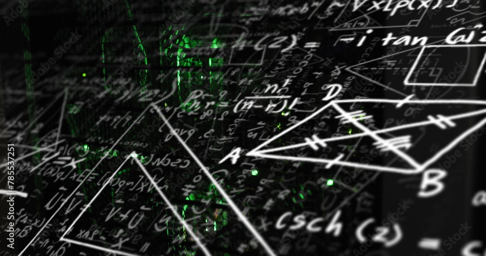 Poster image of mathematical equation and diagrams against illuminated server rack in server room