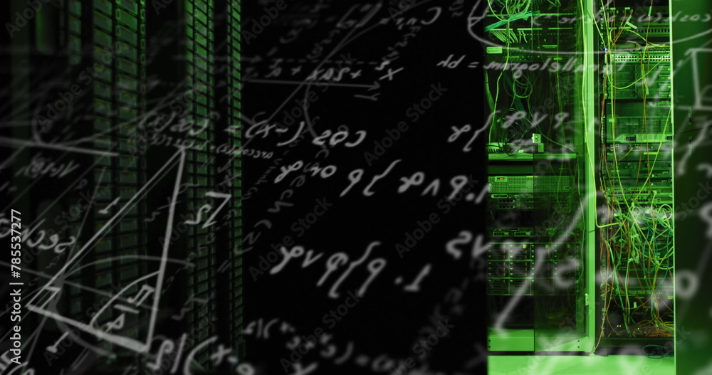 Poster image of mathematical equation and diagrams against illuminated server rack in server room