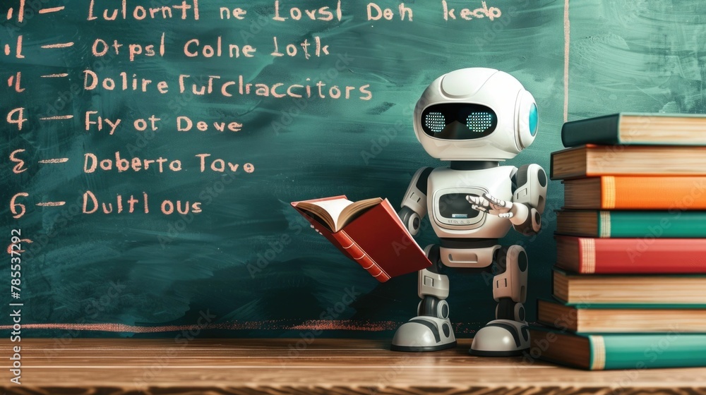 Poster robot teacher presenting interactive lessons with digital books and chalkboard in classroom setting