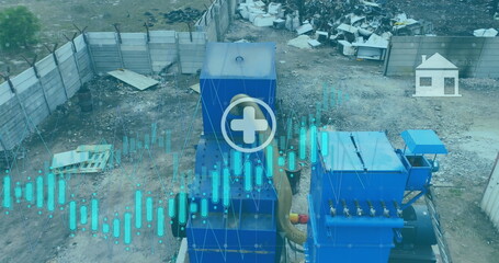 Image of graphs and sustainable symbols over recycling plant at waste management facility