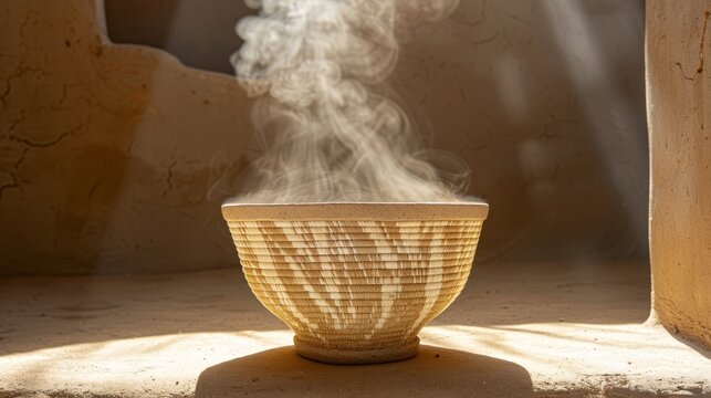  A bowl steams in a room with a sunlit window and a stone-wall backdrop