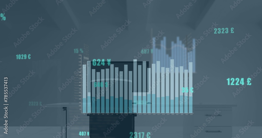 Poster image of statistical data processing against office desk