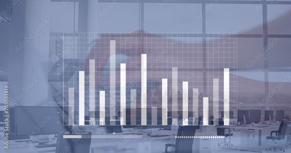 Poster image of statistical data processing over empty office and close up of hands typing on keyboard