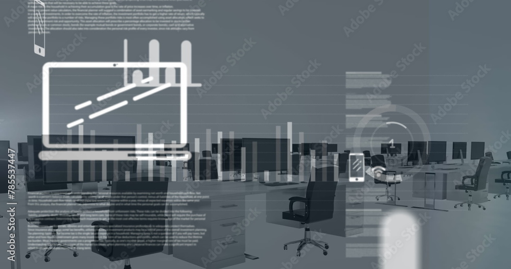 Poster image of screens with data processing against empty office