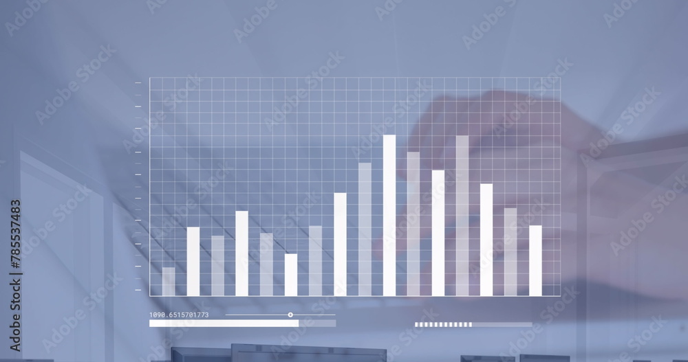 Poster image of statistical data processing against close up of hands typing on keyboard